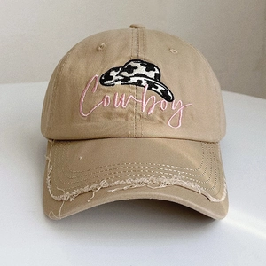Gorra de béisbol de algodón caqui con bordado Cowboy y detalles de estilo gastado