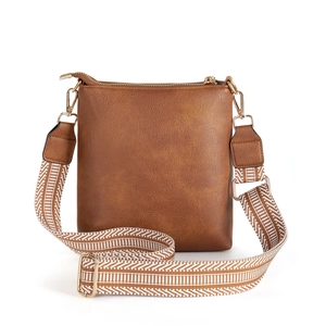 Vintage brown PU leather crossbody bag with jacquard strap and gold hardware accents