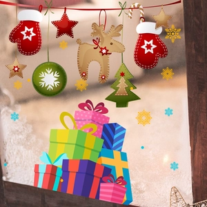Hanging felt-style Christmas window decals with reindeer, trees and festive gift boxes