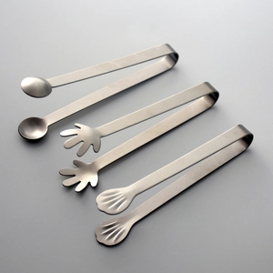 Nordic stainless steel tongs set featuring palm, shell and spoon shaped head designs