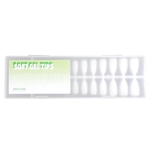 Set of 300 soft gel nail tips in 15 sizes, organized in a clear plastic divider box