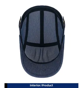 Detailed interior of a blue denim ivy cap showing cross-stitched lining and durable seams