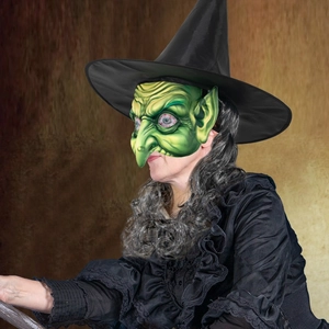 Halloween witch costume set with pointed hat, green goblin mask, and grey curly wig