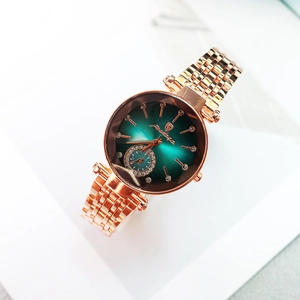 Montre à quartz élégante pour femme en or rose avec cadran vert soleil et strass