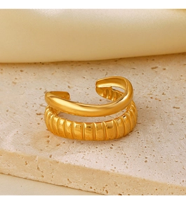 Detail view of double-layered gold plated adjustable open ring with vertical groove texture