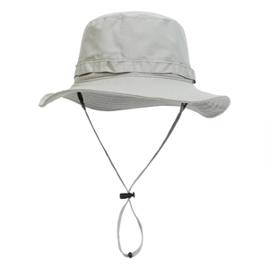 Detail of adjustable windproof chin strap and high-density stitching on outdoor sun hat