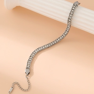 Elegant stainless steel link bracelet with row of round cubic zirconia stones for women