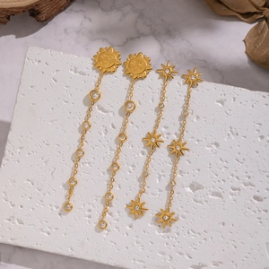 Sun Face Star Dangle Earrings 304 Stainless Steel PVD Gold Plated Zircon Long Tassel Chain Bohemian Fashion Jewelry
