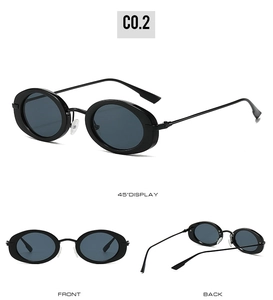 Three-angle view of oval sunglasses showing front, back, and 45-degree display details