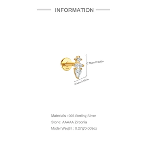 Detailed view of S925 sterling silver ear stud with AAA zirconia and size dimensions