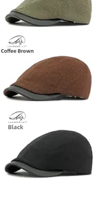 Retro wool flat cap detail showing moss green, coffee, and black styles with leather brims