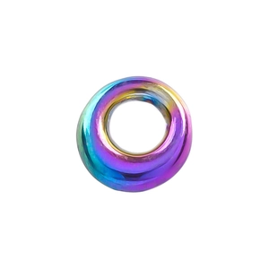 Detailed view of an oval 304 stainless steel pendant with rainbow iridescent finish