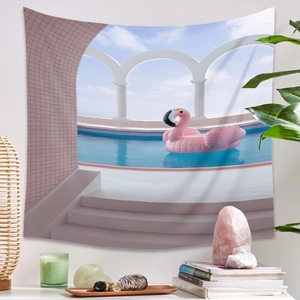 Bohemian wall tapestry with pink flamingo pool scene for home room decoration