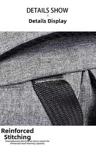 Detail showing reinforced stitching and durable fabric on grey business backpack