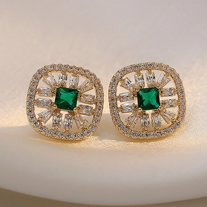 Vintage Square Stud Earrings With Emerald Green Zircon Alloy Jewelry Luxury Geometric For Women With 925 Sterling Silver Earring Post