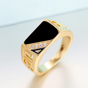 Signet Ring Gold Plated Copper With Black Enamel And Cubic Zirconia Greek Key Meander Vintage Style Men Unisex