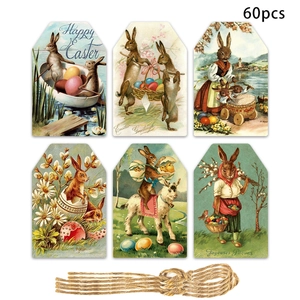60-piece vintage Easter gift tags set featuring bunnies and jute twine for party decor