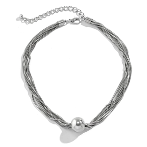 Detail of silver multi-layer chain necklace with large round bead pendant