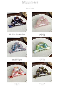 Detailed grid of oversized acetate bow hair claws in six varied marbled patterns and colors