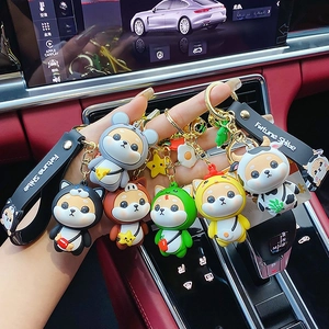 Fortune Shiba zodiac dog dragon keychain set with bells and leather straps for car keys