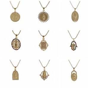 Gold necklaces set featuring colorful zircon inlays and religious pendant designs