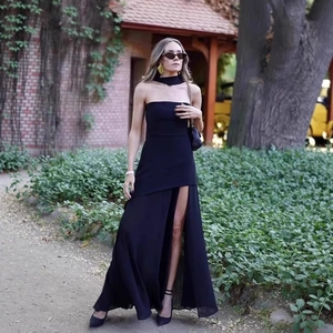 Elegant black halter strapless maxi dress with high slit and mesh splicing for women