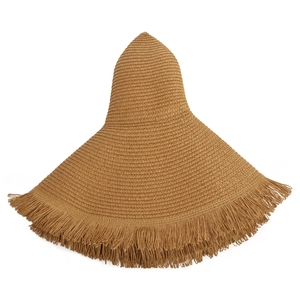 Women's bohemian wide brim straw beach hat with fringe edges in natural brown shade