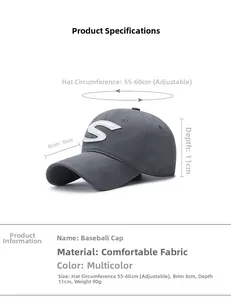 Detailed size specifications for dark grey baseball cap with white S embroidery
