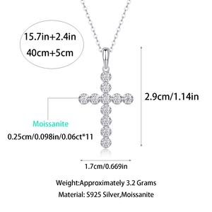 Detail view of 925 silver cross pendant necklace with dimensions and moissanite stone specs