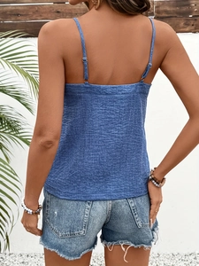 Blue textured sleeveless square neck tank top for women shown from the back in summer