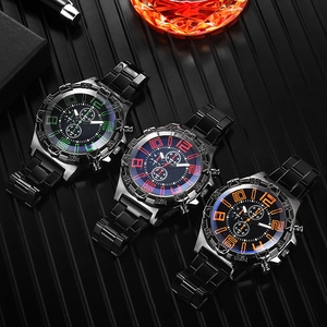 Three men's quartz chronograph watches with green, red, and orange numerals on black steel bands