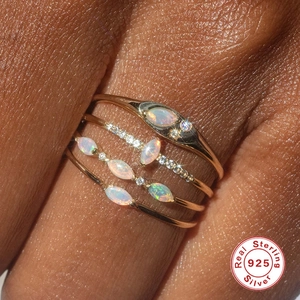 Luxurious S925 sterling silver stackable gold rings set with opal and crystals