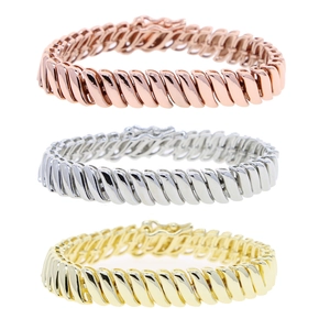Set of 10mm wide twisted tennis chain bracelets in gold, silver, and rose gold finishes