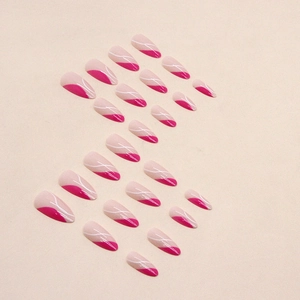 French rose red and pink almond fake nails with white wave patterns in 24 piece set