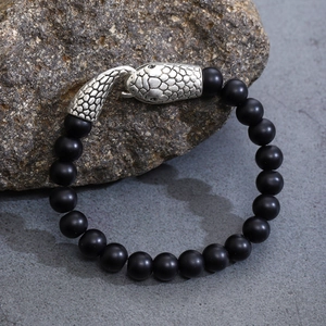 Bracciale Di Perline Con Testa Di Serpente Turchese Bianco E Pietre Opache Chiusura In Lega Punk Gothic Gioielli Per Uomo