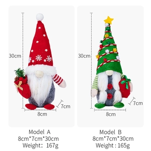 Detail showing two plush Christmas gnomes with red sequin and green tree hats, 30cm tall