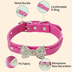 Collare per gatti in pelle PU rosa con fiocco di strass e fibbia in metallo