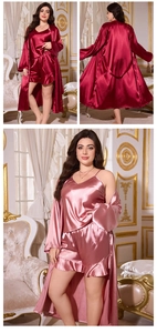 Detailed view of women's 3-piece satin pajama set with ruffle trim and lace-up robe