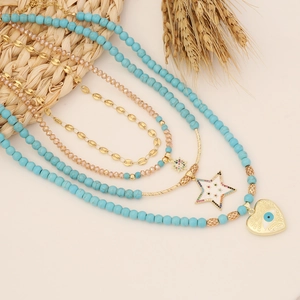 Bohemian Multi Layer Necklace Women Copper Stainless Steel Turquoise Beads Crystal Evil Eye Star Heart Pendant Fashion
