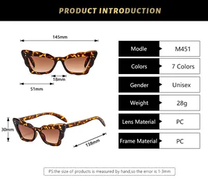 Detailed size chart for trendy cat-eye butterfly sunglasses featuring 145mm frame width