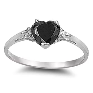 Detail view of 925 sterling silver ring featuring a black heart gemstone and side diamonds