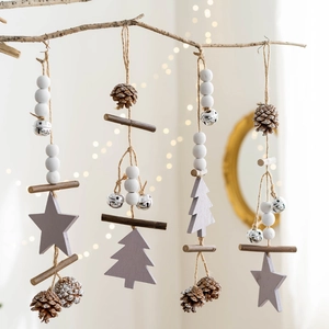 Nordic wooden wind chime with stars, trees and pine cones for Christmas wall decor