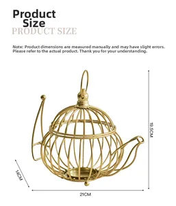 Detailed dimensions of gold iron teapot candle holder with 19.5cm height and 21cm length