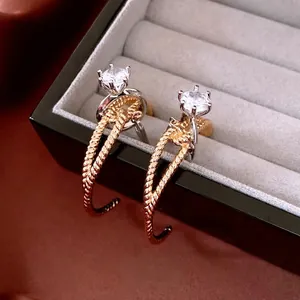 Twisted Rope C Shape Hoop Earrings Cubic Zirconia Pendant Luxury Geometric Copper Jewelry Women Silver Earring Post