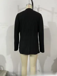 Rear view of a black ribbed long-sleeve knit cardigan featuring a slim-fit textured design