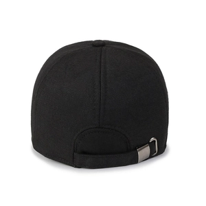 Rear view of black wool baseball cap with ear protection and adjustable metal buckle