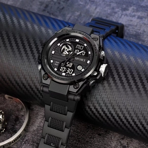 Waterproof digital sport watch with dual display on carbon fiber background