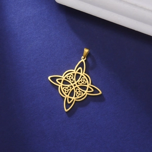 18K gold plated stainless steel Quaternary Celtic Knot pendant on a blue background