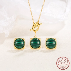 S925 Sterling Silver Natural Malachite Square Pendant Necklace Stud Earrings Set French Vintage Jewelry For Women Gift
