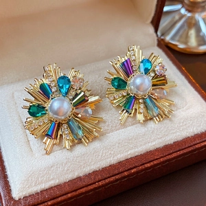 Vintage baroque style flower stud earrings with colorful crystals and center pearl